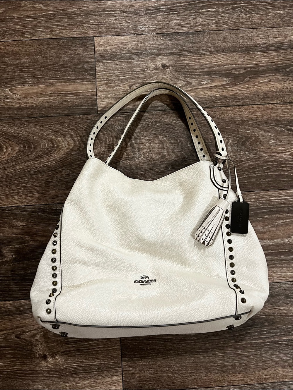 Coach Edie 31 White Pebbled Leather Studded Rivets Shoulder Hobo Bag
